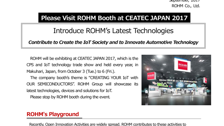  Please Visit ROHM Booth at CEATEC JAPAN 2017 