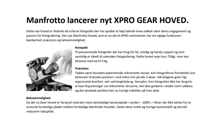 Manfrotto lancerer nyt XPRO GEAR HOVED. 