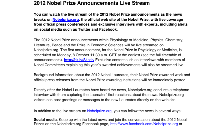2012 Nobel Prize Announcements Live Stream 