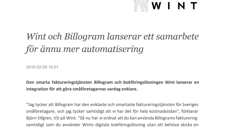 Wint och Billogram lanserar ett samarbete för ännu mer automatisering