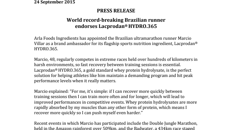 World record-breaking Brazilian runner endorses Lacprodan® HYDRO.365 