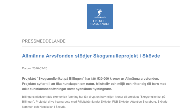Allmänna arvsfonden stödjer Skogsmulleprojekt i Skövde