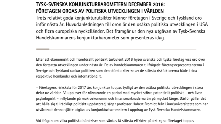 ​Tysk-svenska konjunkturbarometern december 2016: Företagen oroas över politiska utvecklingen i världen
