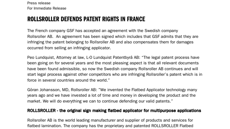 ROLLSROLLER DEFENDS PATENT RIGHTS FOR FLATBED APPLICATOR