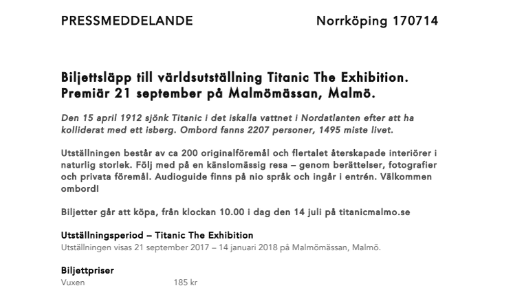 Biljettsläpp för Titanic The Exhibition i dag