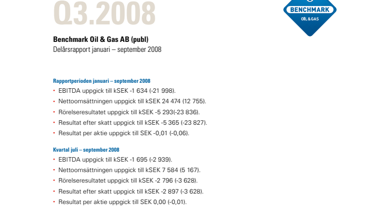 Benchmark Oil & Gas, Delårsrapport januari-september 2008
