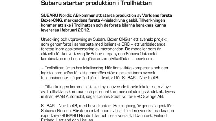 Subaru startar produktion i Trollhättan