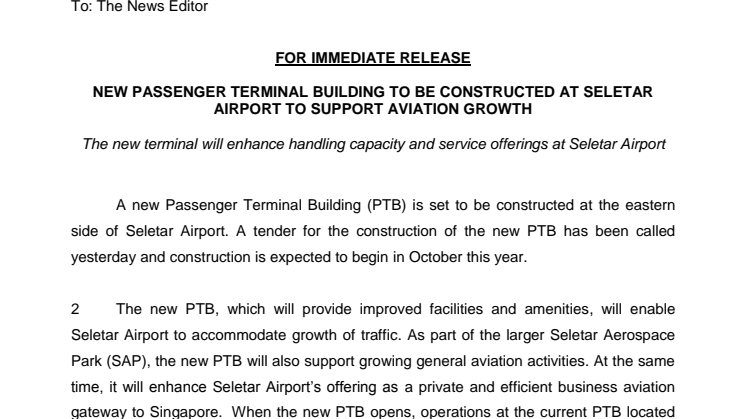 New Passenger Terminal Building To Be Constructed At Seletar Airport To Support Aviation Growth