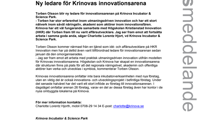 Ny ledare för Krinovas innovationsarena
