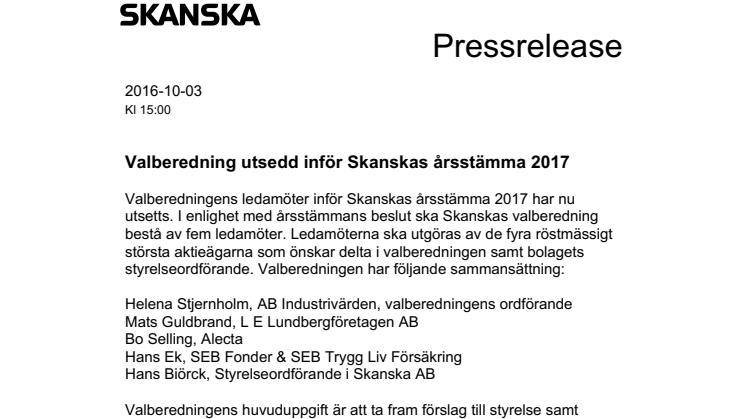 Valberedning utsedd inför Skanskas årsstämma 2017