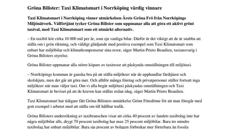 Gröna Bilister: Taxi Klimatsmart i Norrköping värdig vinnare 