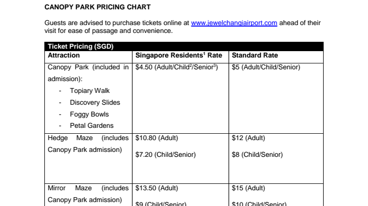 Canopy Park Pricing Details