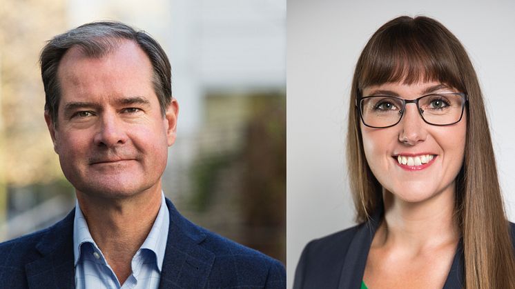 Mårten Lilja, vice vd Riksbyggen och Johanna Ode, bostadspolitisk expert på Riksbyggen.