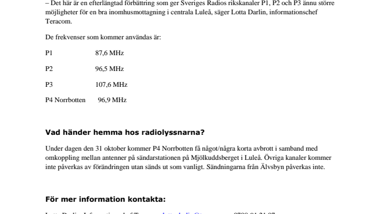 Fler kanaler från Sveriges Radio sänds från Luleå