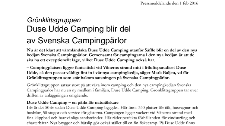 Duse Udde Camping blir del  av Svenska Campingpärlor