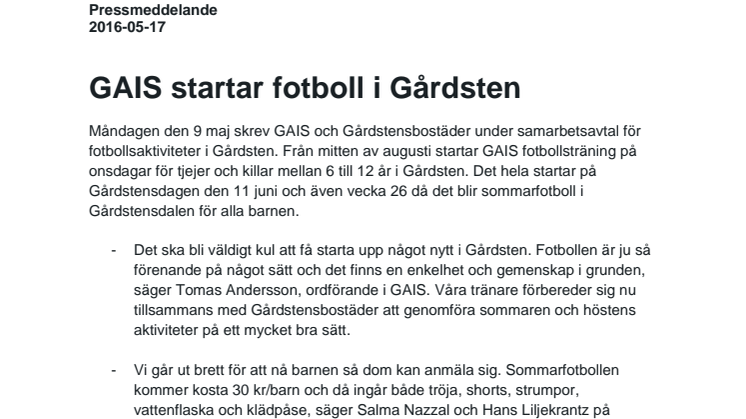 GAIS startar fotboll i Gårdsten