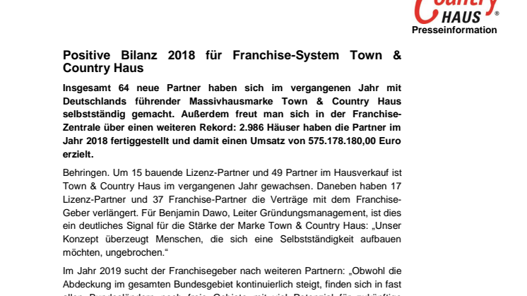 Positive Bilanz 2018 für Franchise-System Town & Country Haus