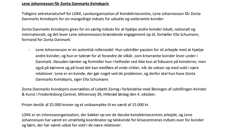 Lene Johannesson får Zonta Danmarks Kvindepris