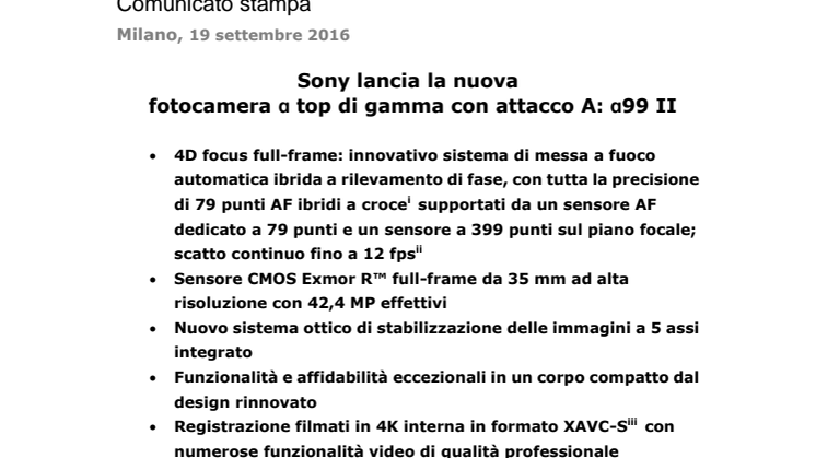 Sony lancia la nuova  fotocamera ɑ top di gamma con attacco A: ɑ99 II 