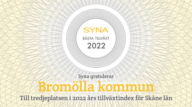Bromölla kommun tilldelades tredjeplatsen i Synas tillväxtindex för Skåne 2022.