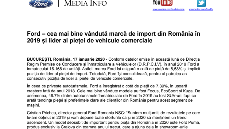 Ford – cea mai bine vândută marcă de import din România în 2019 și lider al pieței de vehicule comerciale 