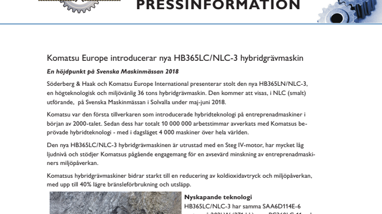 Hybridgrävmaskinen HB365LC/NLC-3 - en höjdpunkt på Svenska Maskinmässan 2018