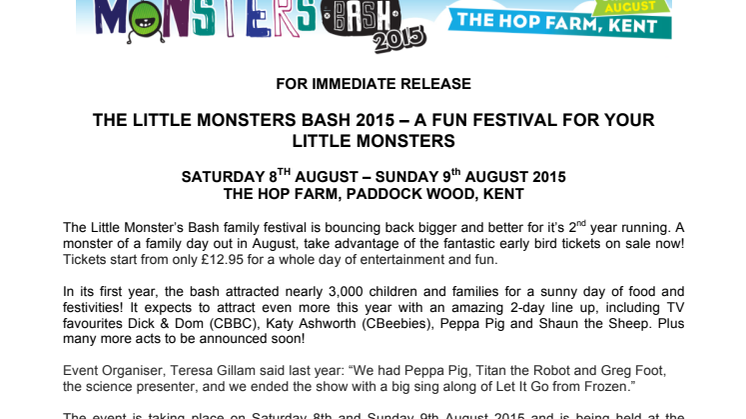 The Little Monsters Bash 2015 – A fun festival for your little monsters!