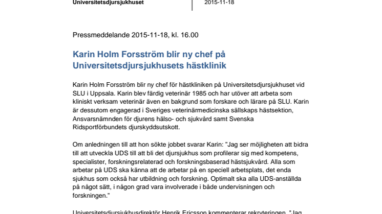 Karin Holm Forsström blir ny chef på Universitetsdjursjukhusets hästklinik 