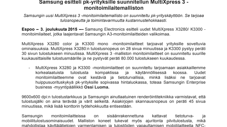 Samsung esitteli pk-yrityksille suunnitellun MultiXpress 3 -monitoimilaitemalliston