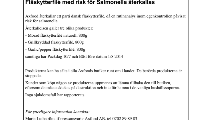 Fläskytterfilé med risk för Salmonella återkallas