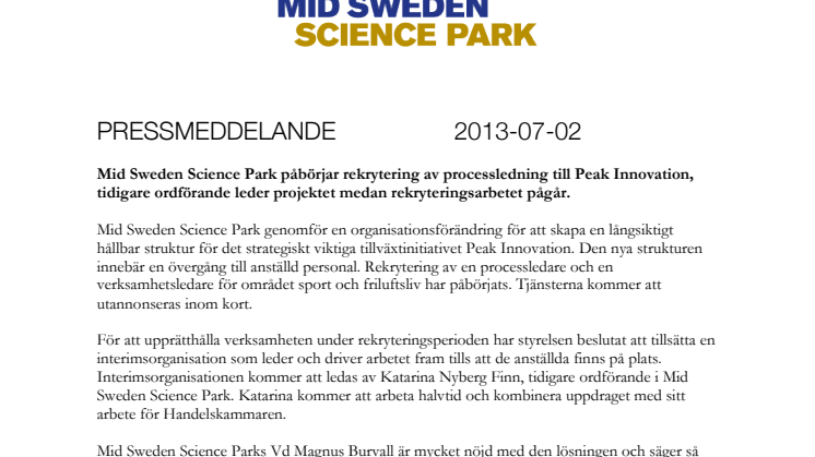 Mid Sweden Science Park påbörjar rekrytering av processledning till Peak Innovation