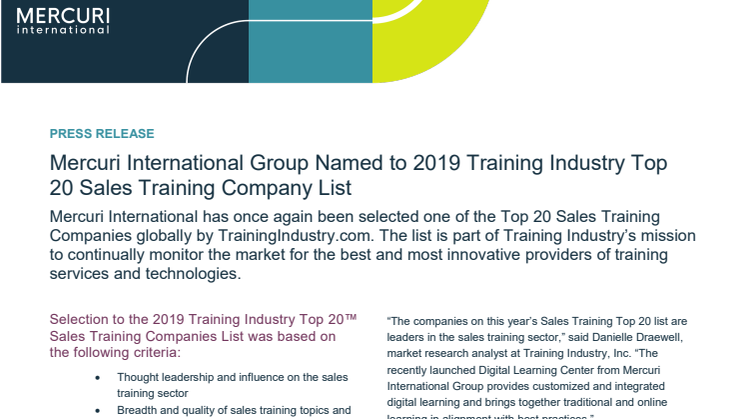 Mercuri International Group Named to 2019 Training Industry Top 20 Sales Training Company List 