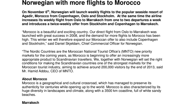 Norwegian with more flights to Morocco