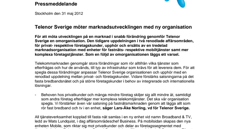 Telenor Sverige möter marknadsutvecklingen med ny organisation