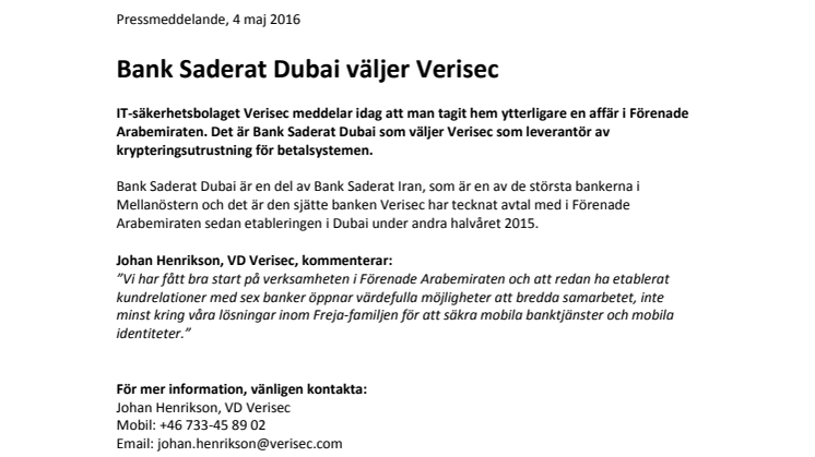 Bank Saderat Dubai väljer Verisec 