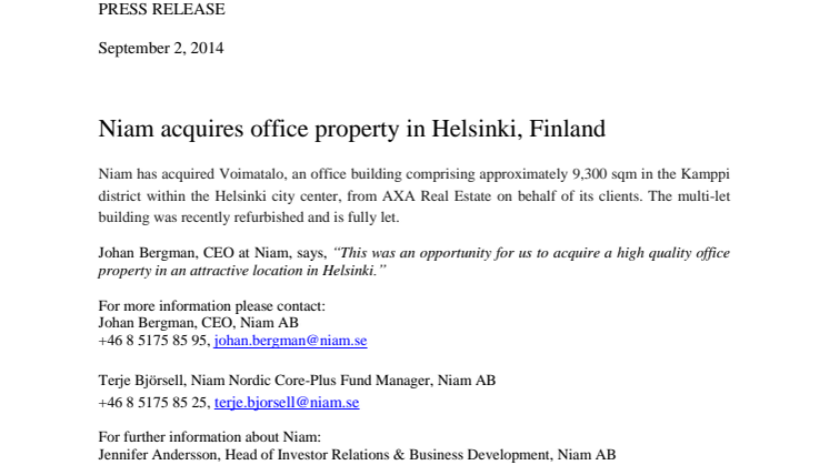 Niam acquires office property in Helsinki, Finland