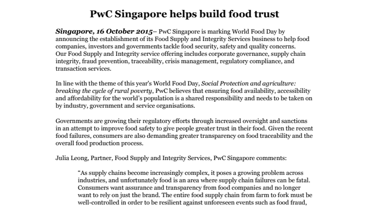 PwC Singapore helps build food trust