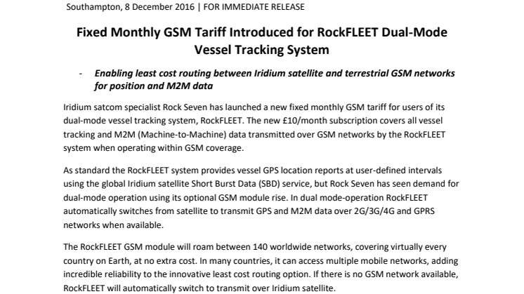 Rock Seven: Fixed Monthly GSM Tariff Introduced for RockFLEET Dual-Mode Vessel Tracking System 