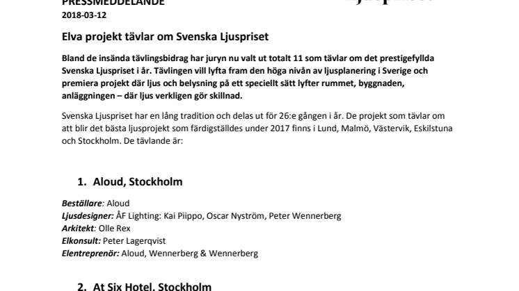 Elva projekt tävlar om Svenska Ljuspriset