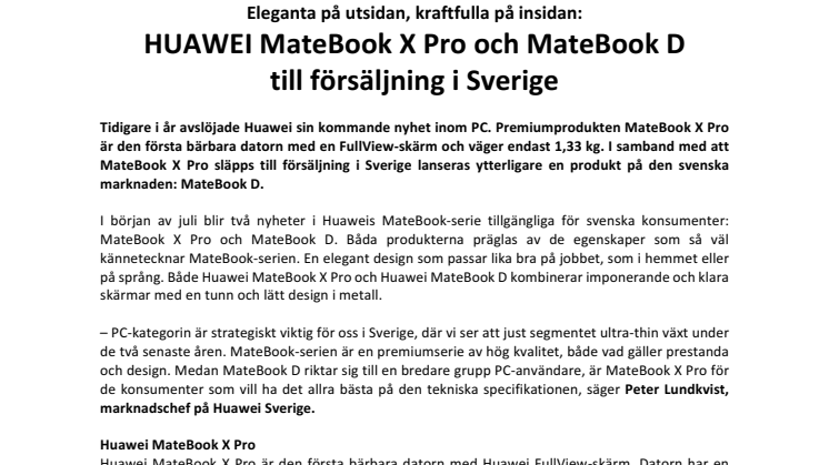 Eleganta på utsidan, kraftfulla på insidan: HUAWEI MateBook X Pro och MateBook D  till försäljning i Sverige