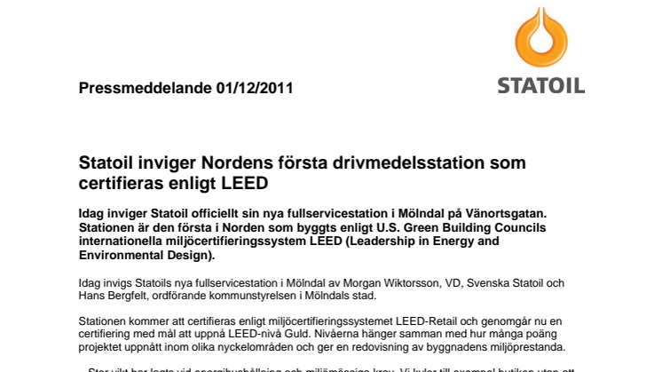 Statoil inviger Nordens första drivmedelsstation som certifieras enligt LEED