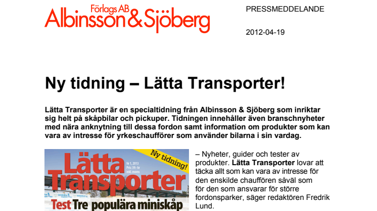 Ny tidning - Lätta Transporter!
