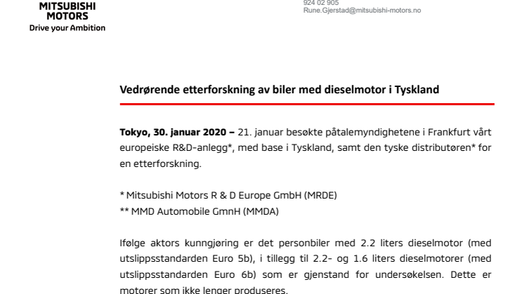 Vedrørende etterforskning av biler med dieselmotor i Tyskland