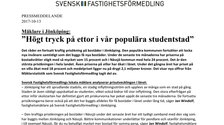 Mäklare i Jönköping: ”Högt tryck på ettor i vår populära studentstad”