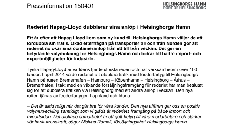 ​Rederiet Hapag-Lloyd dubblerar sina anlöp i Helsingborgs Hamn