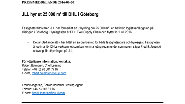 JLL hyr ut 25 000 m² till DHL i Göteborg