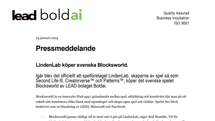 LindenLab köper svenska Blocksworld