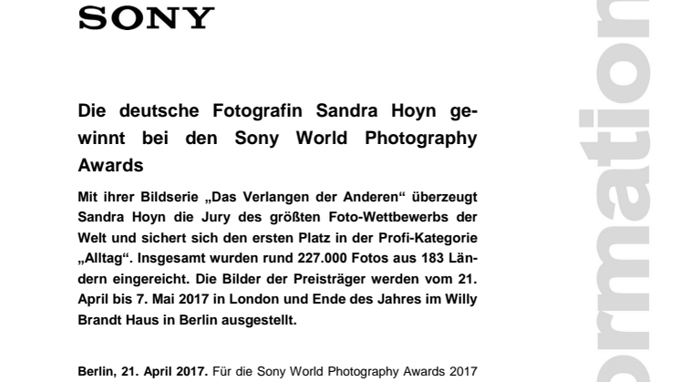 Die deutsche Fotografin Sandra Hoyn gewinnt bei den Sony World Photography  Awards