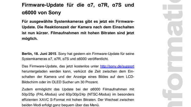 Firmware-Update für die α7, α7R, α7S und α6000 von Sony