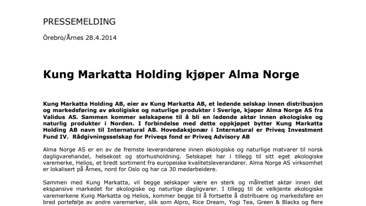 Kung Markatta Holding kjøper Alma Norge
